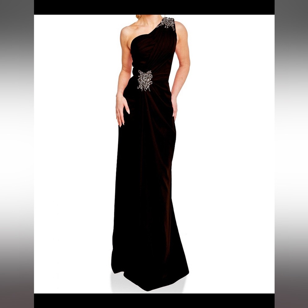 Terani Couture One-Shoulder Black Evening Gown with Silver Embellishment